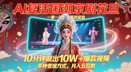 AI复活国潮京剧花旦，一颦一笑美到窒息，10分钟做出10W+爆款视频，多种变现方式，月入五位数壹加壹聊项目站壹加壹聊项目
