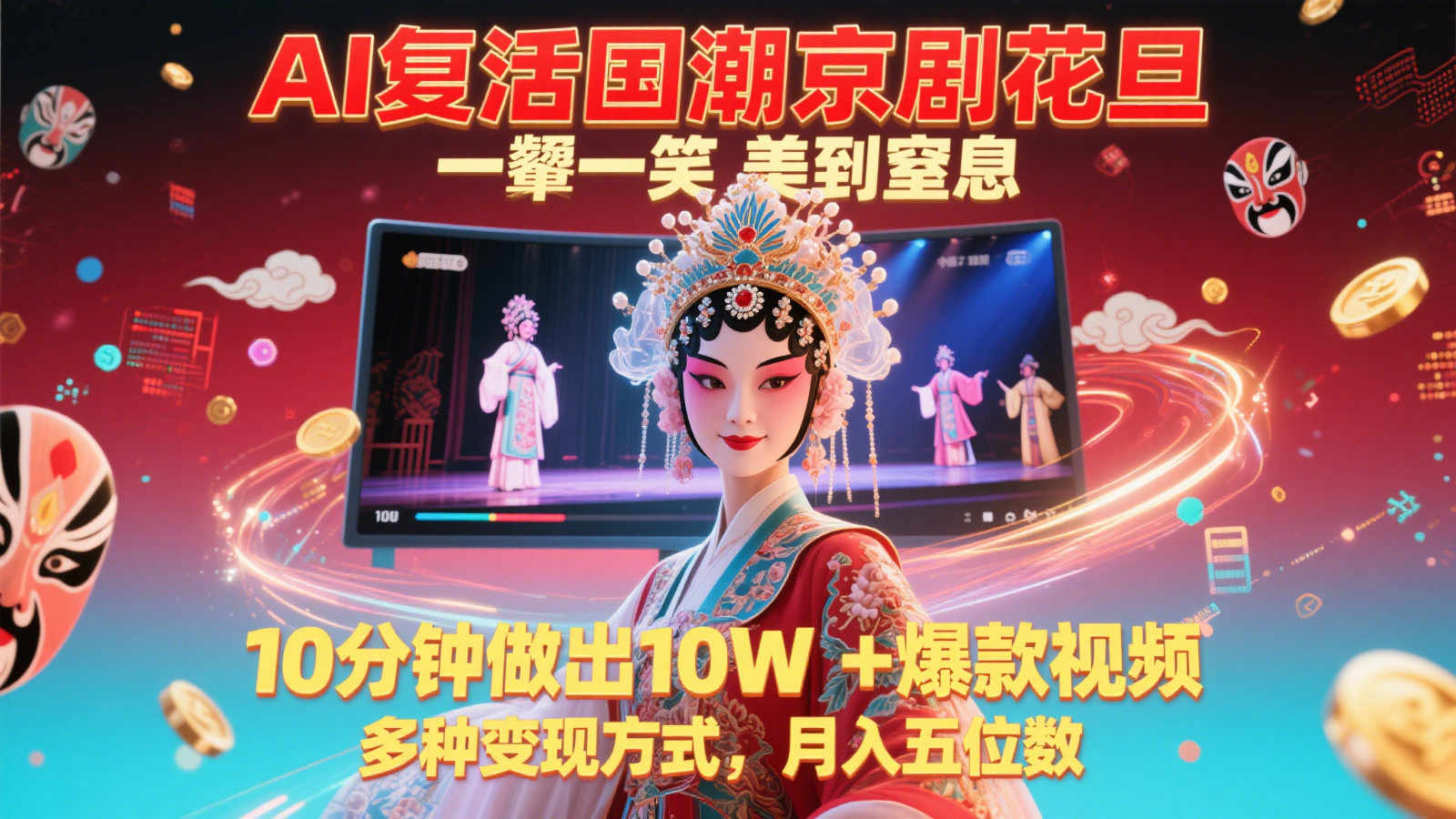 AI复活国潮京剧花旦，一颦一笑美到窒息，10分钟做出10W+爆款视频，多种变现方式壹加壹聊项目站壹加壹聊项目