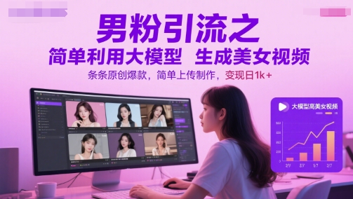 男粉引流之简单利用大模型生成美女视频，条条原创爆款，简单上传制作，变现日1k+壹加壹聊项目站壹加壹聊项目