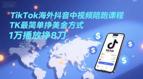 TikTok海外抖音中视频陪跑课程，TK最简单挣美金方式，1万播放挣8刀壹加壹聊项目站壹加壹聊项目