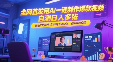 全网首发用AI一键制作爆款视频，自测日入多张，适合大学生宝妈兼职创业，保姆级教程壹加壹聊项目站壹加壹聊项目