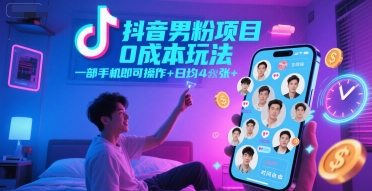 抖音男粉项目0成本玩法，一部手机即可操作，日均4张+，时间自由壹加壹聊项目站壹加壹聊项目