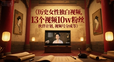 历史女性独白视频，13个视频10w粉丝，伙伴计划，视频号分成等壹加壹聊项目站壹加壹聊项目