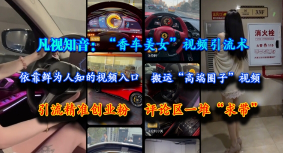 凡视知音：“香车美女”视频引流术，依靠鲜为人知的视频入口，搬运“高端圈子”视频，引流精准创业粉，评论区一堆“求带”壹加壹聊项目站壹加壹聊项目