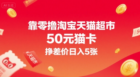 靠零撸淘宝天猫超市50元猫卡，挣差价日入5张壹加壹聊项目站壹加壹聊项目